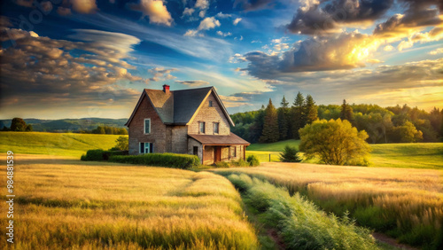 A charming house in golden field under vibrant sky, surrounded by lush greenery and distant hills, evokes sense of tranquility and peace