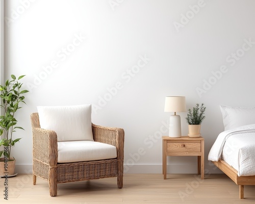 Serene Wicker Armchair in Minimalist Interior Tranquil Home Decor with Contemporary Elegance and Natural Textures for Interior Design Blogs, Catalogs, and Ads