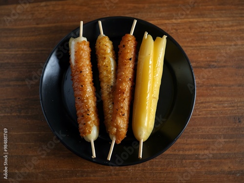 Telur gabus sticks on a black plate on a wooden table. photo