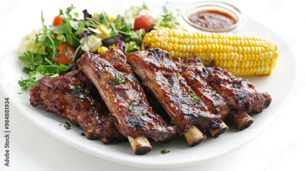 A traditional serving of grilled pork ribs on a white platter, with a side of corn on the cob and a fresh salad, presented against a clean, bright white background. A traditional serving of grilled pork ribs on a white platter, with a side of corn on the cob and a fresh salad, presented against a clean, bright white background.