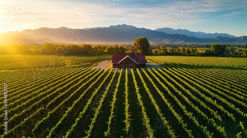 A single-story house nestled amidst rows of grapevines, bathed in the golden light of sunrise, with distant mountains in the background, symbolizing rural living, agriculture, peace, beauty, and abund photo