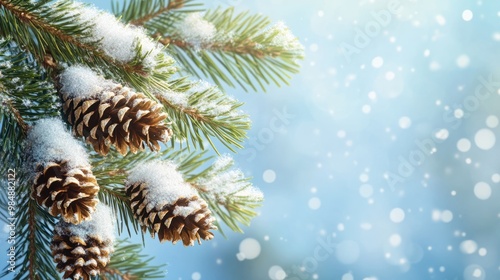 Snowy Christmas winter holiday festivity card . Closeup of pine branch adorned with pinecones and snow, soft focused. Hazy backdrop of blue sky.