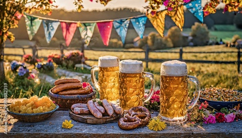 A picturesque Octoberfest celebration: a rustic wooden table brimming with golden beer steins, warm pretzels, and sizzling sausages, surrounded by colorful decorations and vibrant autumn leaves. photo