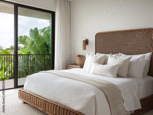 Tranquil Retreat Modern Bedroom with Natural Materials, Rattan Details, and Calming Vibes Serene Interior Design Inspiration for Home Decor - Ideal for Advertisements and Real Estate