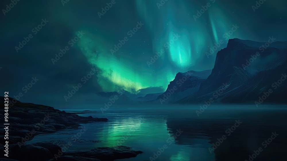 Naklejka premium A tranquil scene of the Southern Lights casting a glow over a serene coastal area, with the aurora reflecting on the calm waters of the sea