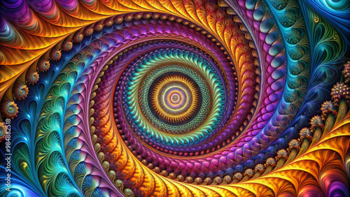 A vibrant abstract spiral design featuring intricate patterns and rich color palette of purple, orange, and teal, evoking sense of depth and movement