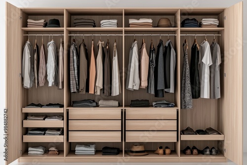 Symmetrical Wardrobe Organization with Neatly Arranged Clothes and Modern Wood Finish, Minimalist Home Essentials Concept for Interior Design and Lifestyle Blogs