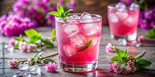 Wallpaper Mural Refreshing Pink Drink with Mint and Ice Cubes, Pink Flowers, Summer Beverage, Refreshing Cocktail, Cold Drink Torontodigital.ca