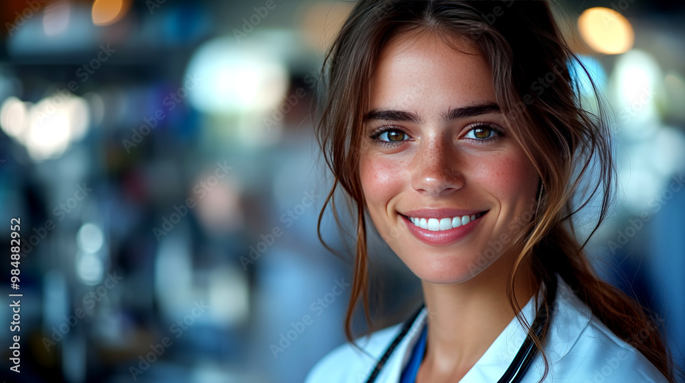 Close-up portrait of a female doctor, with a stethoscope, warm smile, eye contact with the camera, blurred medical equipment background Close-up portrait of a female doctor, with a stethoscope, warm smile, eye contact with the camera, blurred medical equipment background