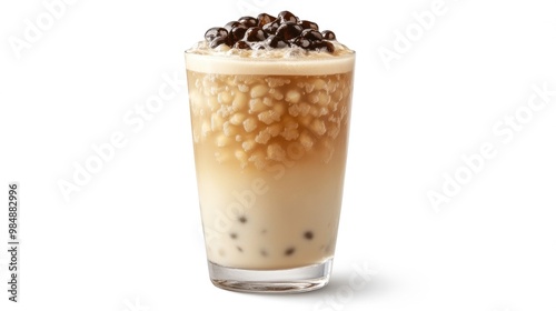 A transparent glass filled with classic milk tea and chewy tapioca pearls, with condensation on the outside, placed on a white background