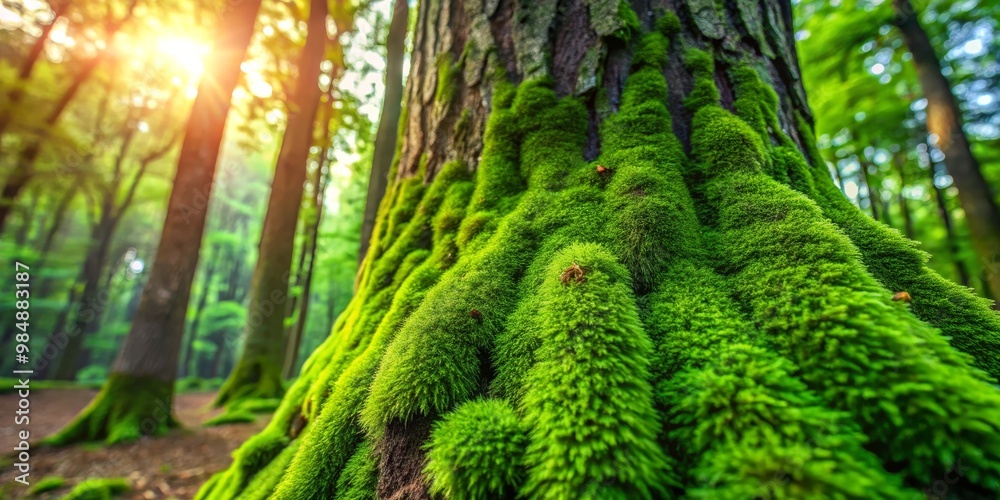 Fototapeta premium Sun Dappled Mossy Tree Trunk, Close-up, Green, Forest, Nature, forest photography, moss