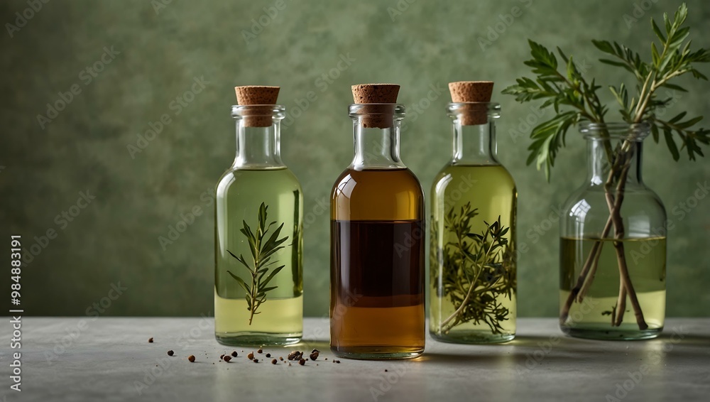 Three glass bottles of herb-infused oils, set against a light green backdrop. Three glass bottles of herb-infused oils, set against a light green backdrop.
