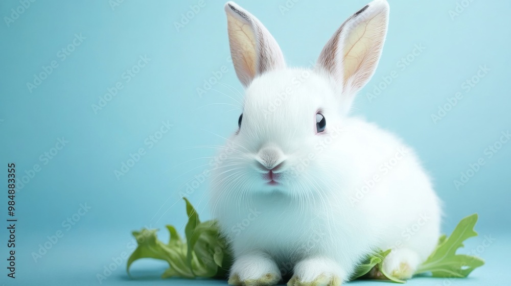 A white bunny sitting on a green leaf with its eyes closed, AI A white bunny sitting on a green leaf with its eyes closed, AI