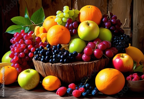 vibrant fruit arrangement displayed rustic wood featuring colorful assortment fresh fruits natural textures, apples, oranges, bananas, berries, grapes, kiwi