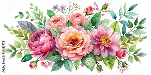 Wallpaper Mural Watercolor Floral Bouquet with Roses and Green Foliage, floral bouquet, watercolor art, botanical illustration Torontodigital.ca