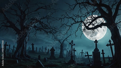 Hyperrealistic Halloween background with a detailed skeleton hanging from a gnarled tree, a fog-shrouded graveyard, and a realistic moon, perfect for Halloween background photo