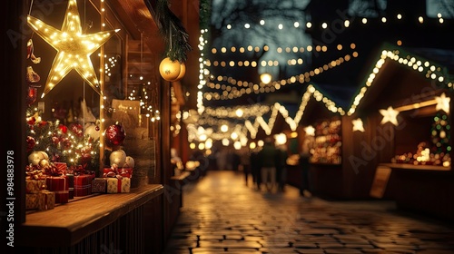 A vintage Christmas markets featuring brown soft decorations and glowing lights, creating a festive atmosphere.