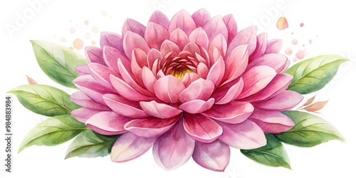 Watercolor Pink Dahlia with Green Leaves, Watercolor Painting, Flower Art, Botanical Illustration, Floral Design, Pink, Green