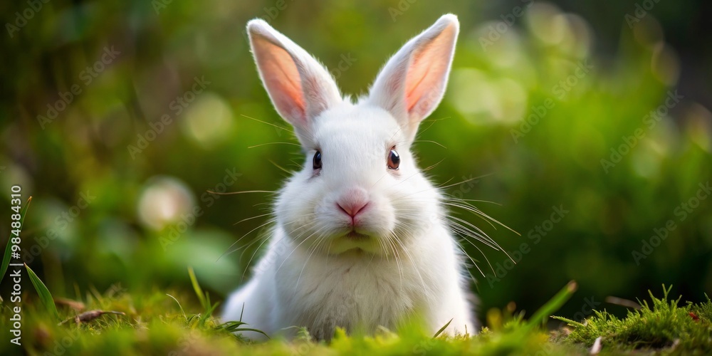 White Rabbit in a Green Meadow, Close-up, White Fur, Green Background, rabbit, bunny, pet White Rabbit in a Green Meadow, Close-up, White Fur, Green Background, rabbit, bunny, pet