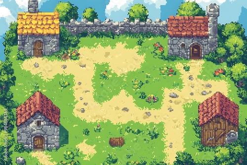 Pixel art village scene with houses, paths, and trees for game development photo