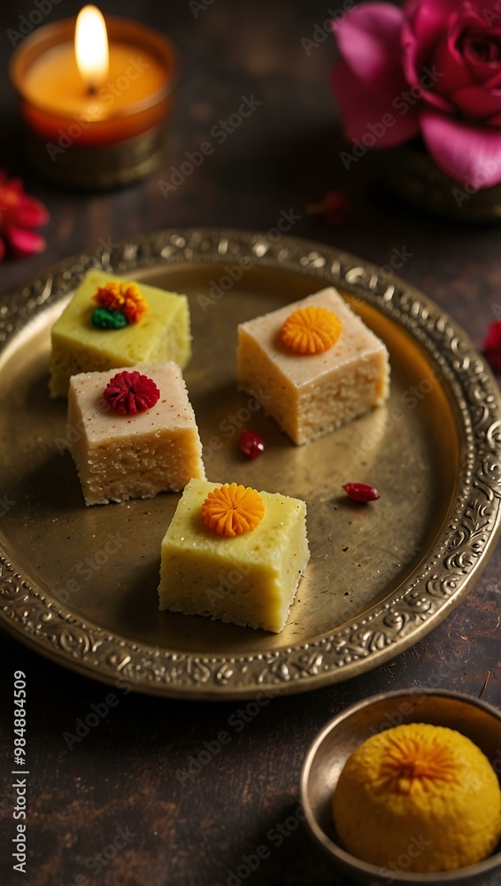 Traditional Indian sweets on a brass plate for Diwali.