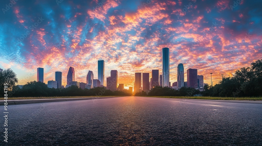 Fototapeta premium Houston Skyline at Sunset with Colorful Clouds and an Empty Road