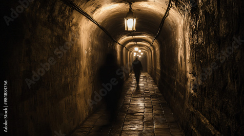 A ghostly shadow gliding across the walls of a dark tunnel lit by old, flickering lamps.