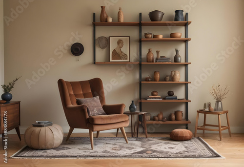 Wallpaper Mural A warm living room with a brown accent chair, rustic pottery on wooden shelves, and earthy tones creating a cozy, inviting atmosphere.
 Torontodigital.ca