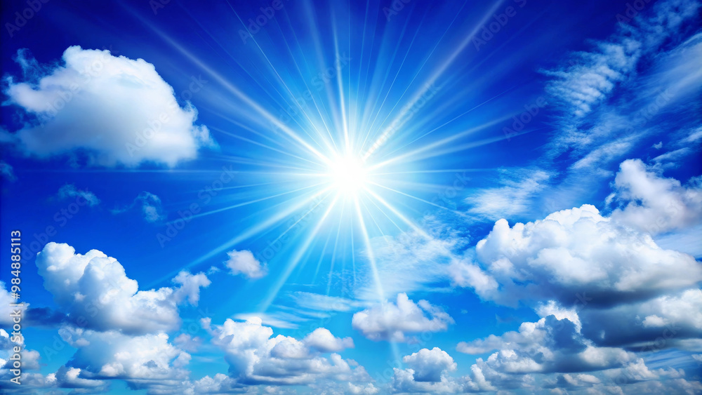 Bright sun shining in clear blue sky with fluffy white clouds, creating serene and uplifting atmosphere. vibrant colors evoke sense of peace and joy Bright sun shining in clear blue sky with fluffy white clouds, creating serene and uplifting atmosphere. vibrant colors evoke sense of peace and joy