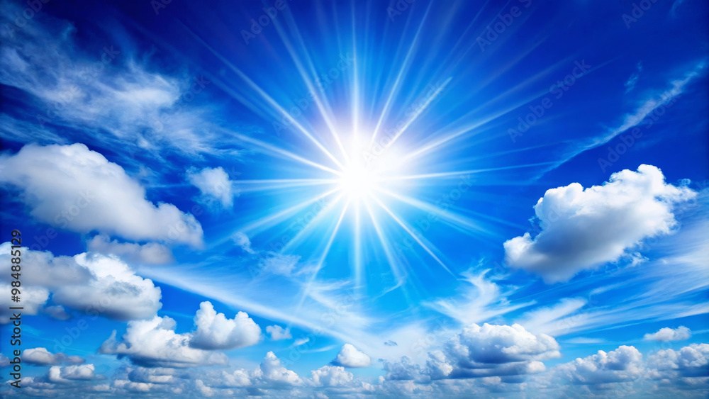 Bright sun shining in clear blue sky with fluffy clouds, creating serene and uplifting atmosphere. vibrant rays of sunlight enhance beauty of day Bright sun shining in clear blue sky with fluffy clouds, creating serene and uplifting atmosphere. vibrant rays of sunlight enhance beauty of day