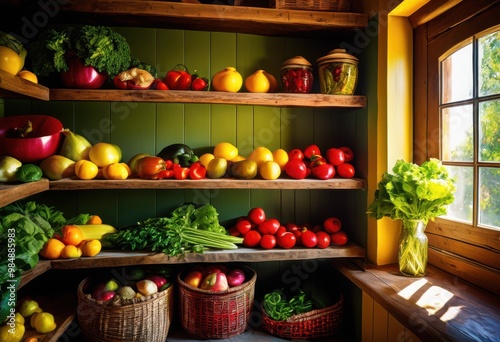 vibrant pantry shelves overflowing fresh produce colorful vegetables abundant display, arrangement, aromatic, basket, bright, clean, container, crisp