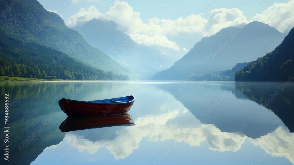 A lone boat floating on a still lake A lone boat floating on a still lake