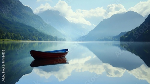 A lone boat floating on a still lake photo