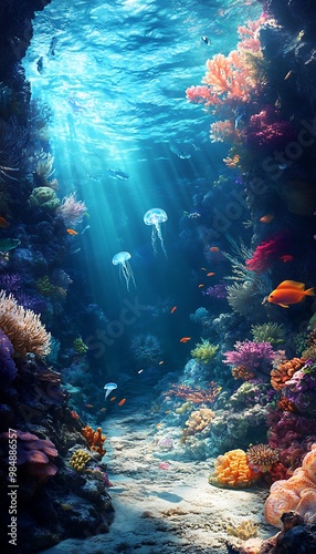 Fototapeta Naklejka Na Ścianę i Meble -  Underwater Scene with Colorful Coral Reefs and Jellyfish