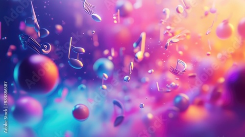 Abstract colorful background with musical notes floating in the air.