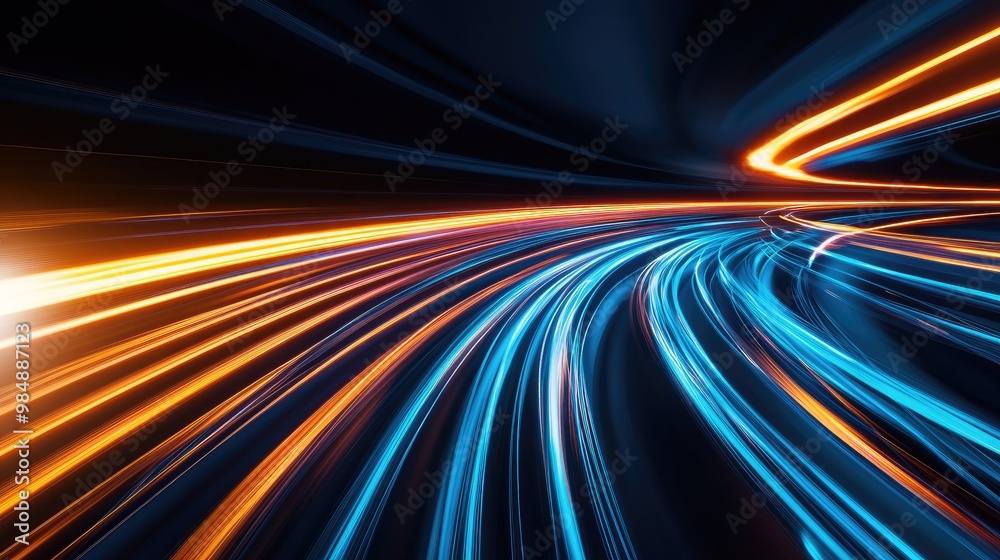 Abstract digital art of colorful light trails on a dark background, representing speed, motion, and progress. Abstract digital art of colorful light trails on a dark background, representing speed, motion, and progress.