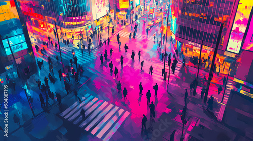 Shibuya crossing in tokyo, neon night city colors, illustration. generative ai. Neon District. Illustration photo