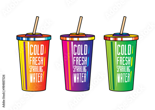 Fast food plastic cup with straw. Hot or cold drink. Original vector illustration in vintage style.