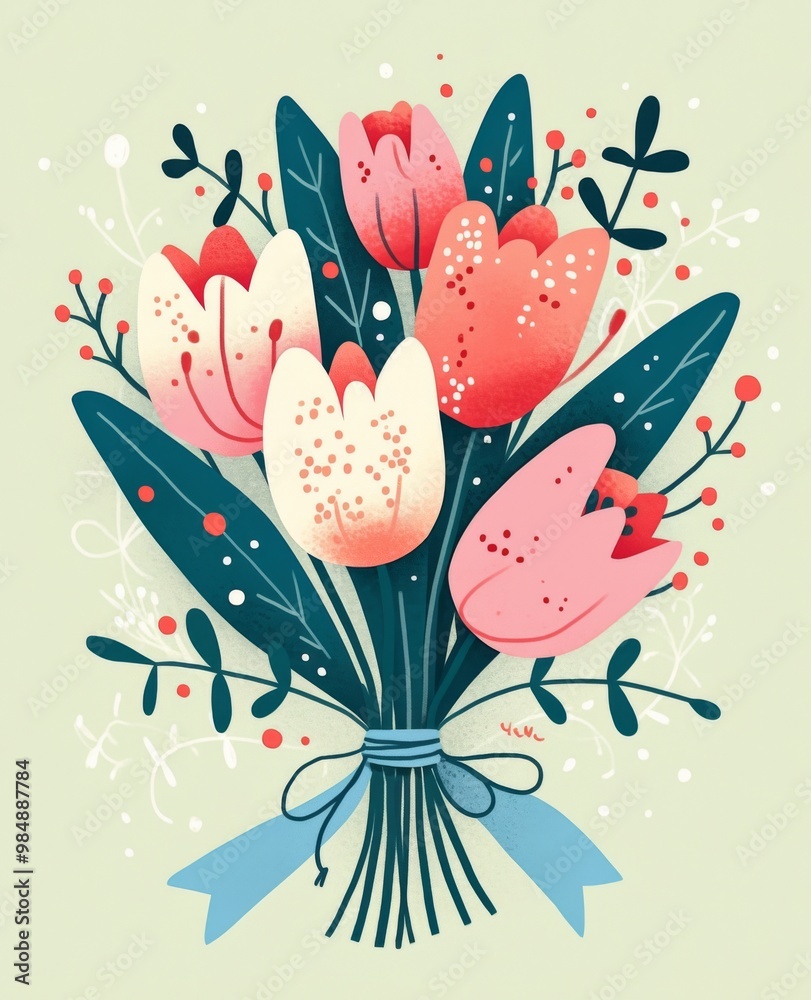 Naklejka premium Charming Greeting Card Design Featuring Illustrated Tulips Wrapped for Valentine's Day with Blue Ribbon and Light Green Background, Perfect for Romantic Occasions and Birthdays