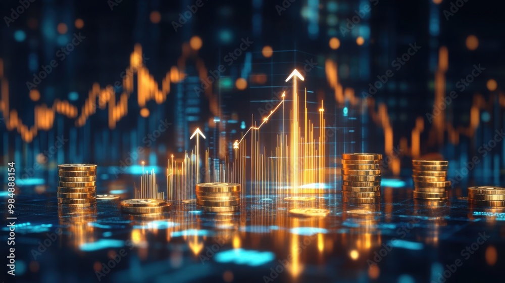 stacks of coins and glowing upward arrow stacks of coins and glowing upward arrow