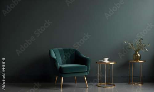 Luxurious lounge area featuring a dark green velvet armchair, gold side tables, and matching gold lamp, creating a sophisticated, modern look.

