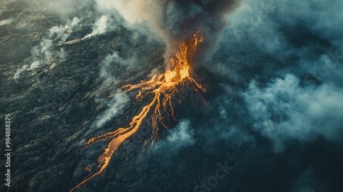 Aerial view of a volcanic eruption with molten lava pouring from the crater and a thick cloud of ash spreading over the landscape, casting a dark shadow over the area.