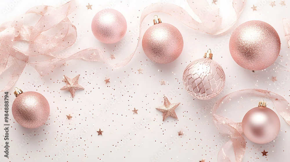 Obraz premium White background, golden and pink glittery ornaments with ribbons and stars scattered around, shiny white ceramic surfac