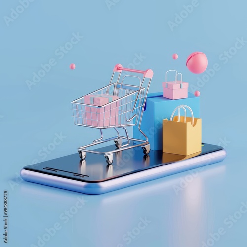 Online shopping concept with cart and bags on smartphone