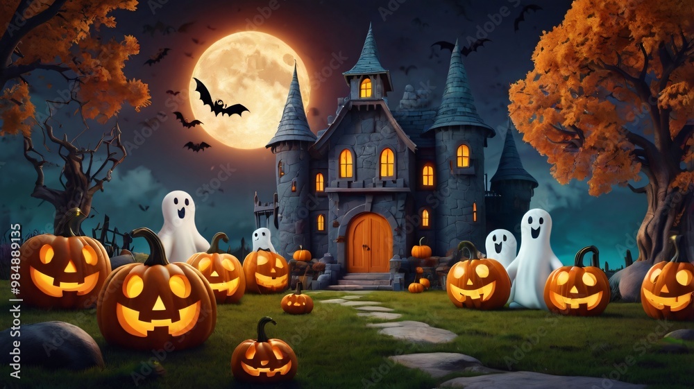 Cute cartoon Halloween background with friendly ghosts, colorful pumpkins, and a whimsical castle, perfect for Halloween background Cute cartoon Halloween background with friendly ghosts, colorful pumpkins, and a whimsical castle, perfect for Halloween background