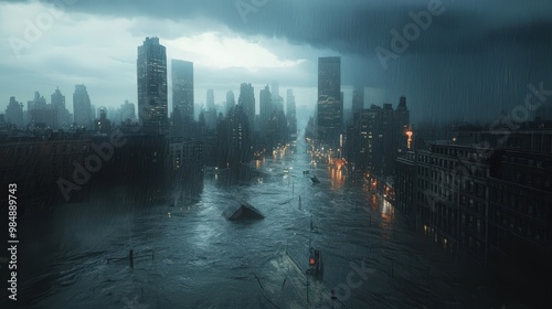 A dystopian cityscape depicted under dark, stormy skies, with flooding streets and towering buildings, creating a mood of desolation and abandonment.