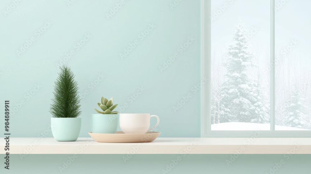 A serene winter scene featuring minimalist shelf with potted plants and cup. soft mint green wall complements snowy landscape outside, creating cozy atmosphere A serene winter scene featuring minimalist shelf with potted plants and cup. soft mint green wall complements snowy landscape outside, creating cozy atmosphere