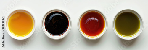 horizontal banner, set of small round saucers with different sauces for meat, fish and fast food, row, top view, white background photo