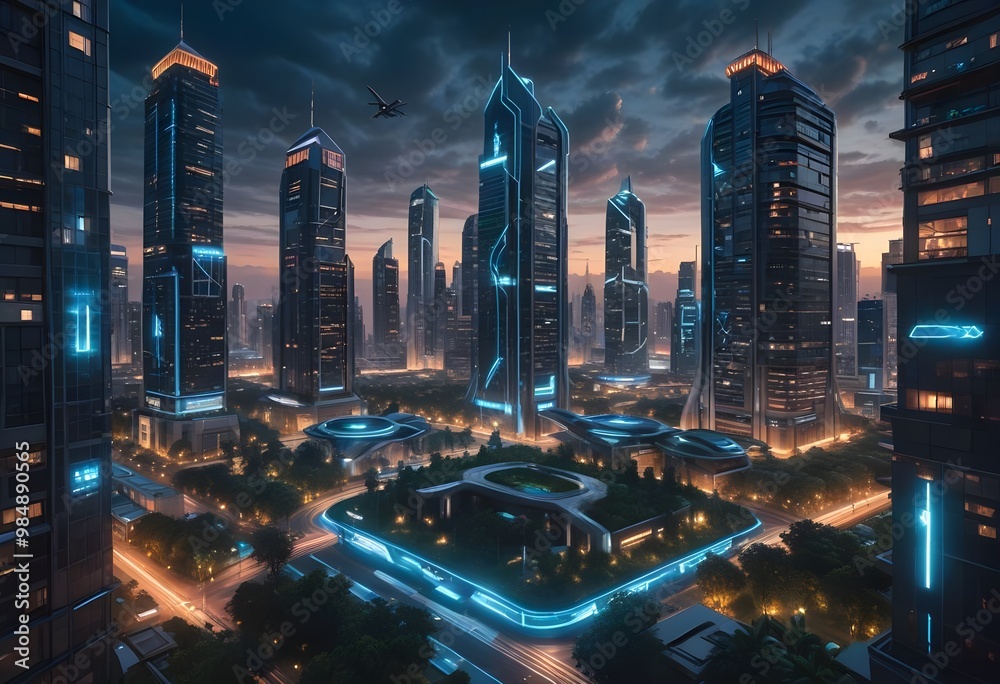 Naklejka premium A futuristic cityscape with tall buildings and a park in the middle