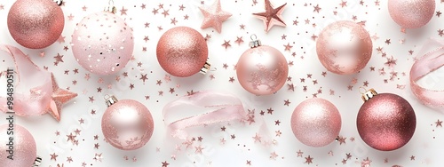 White background, golden and pink glittery ornaments with ribbons and stars scattered around, shiny white ceramic surfac photo